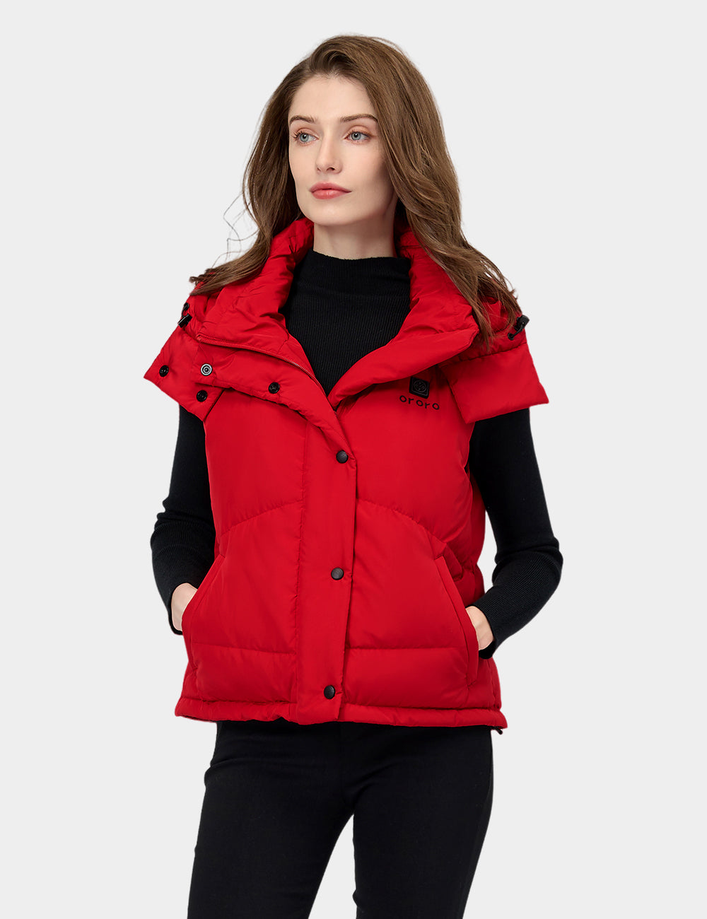 Women's Heated Cropped Puffer Down Vest - Black / Red, Thumbnail 21