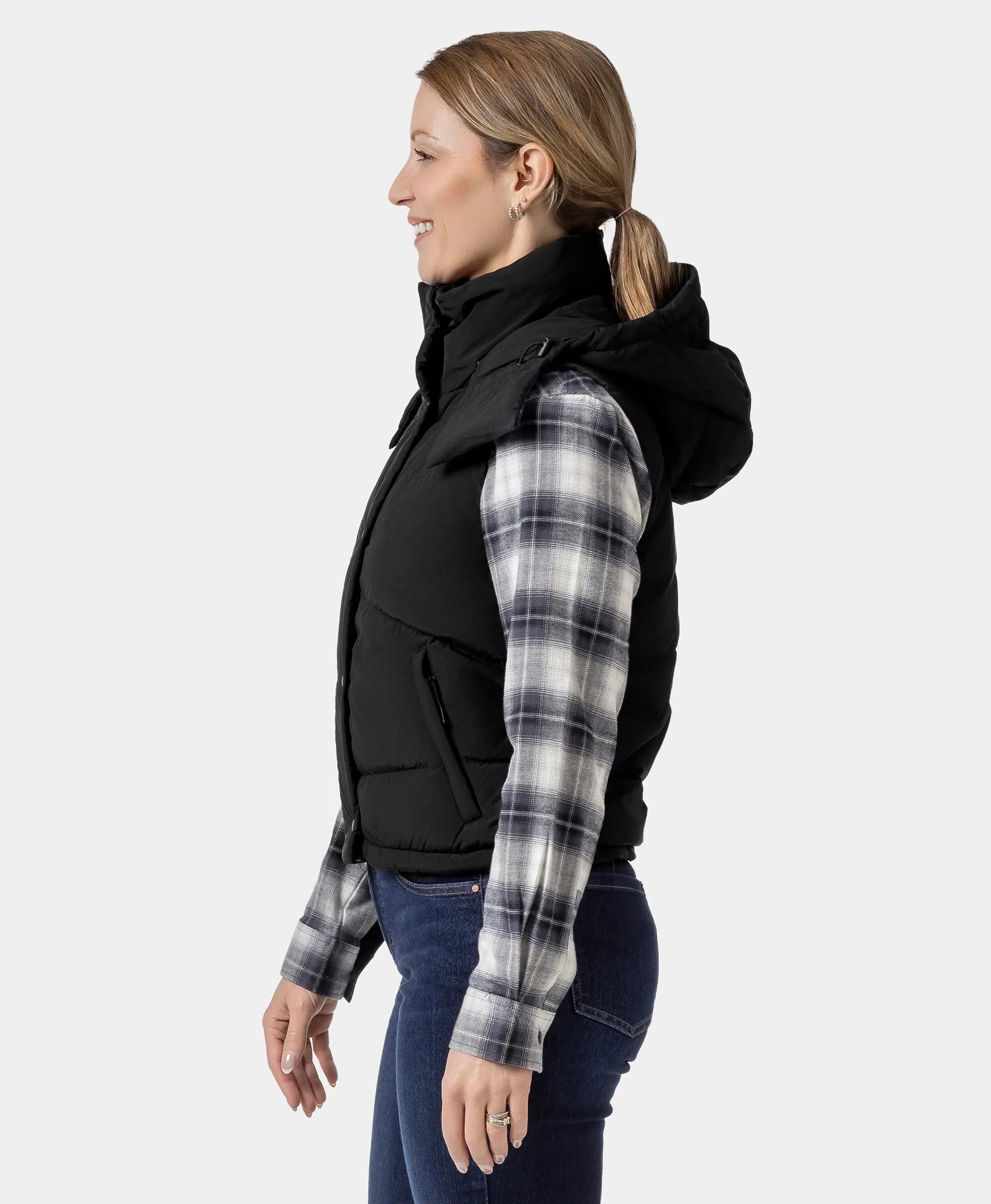 Women's Heated Cropped Puffer Down Vest - Black / Red, Thumbnail 4