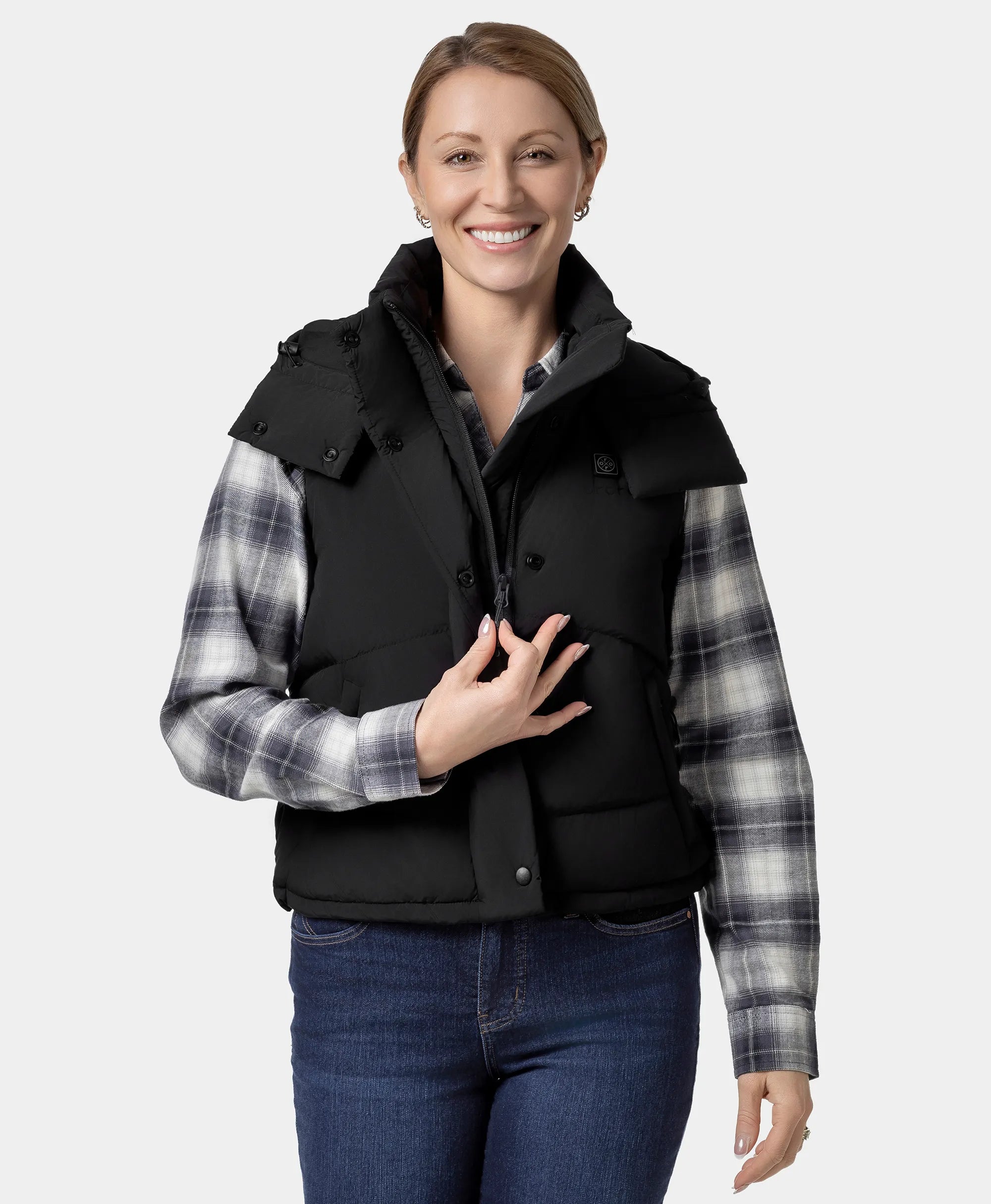 Women's Heated Cropped Puffer Down Vest - Black / Red, Thumbnail 3