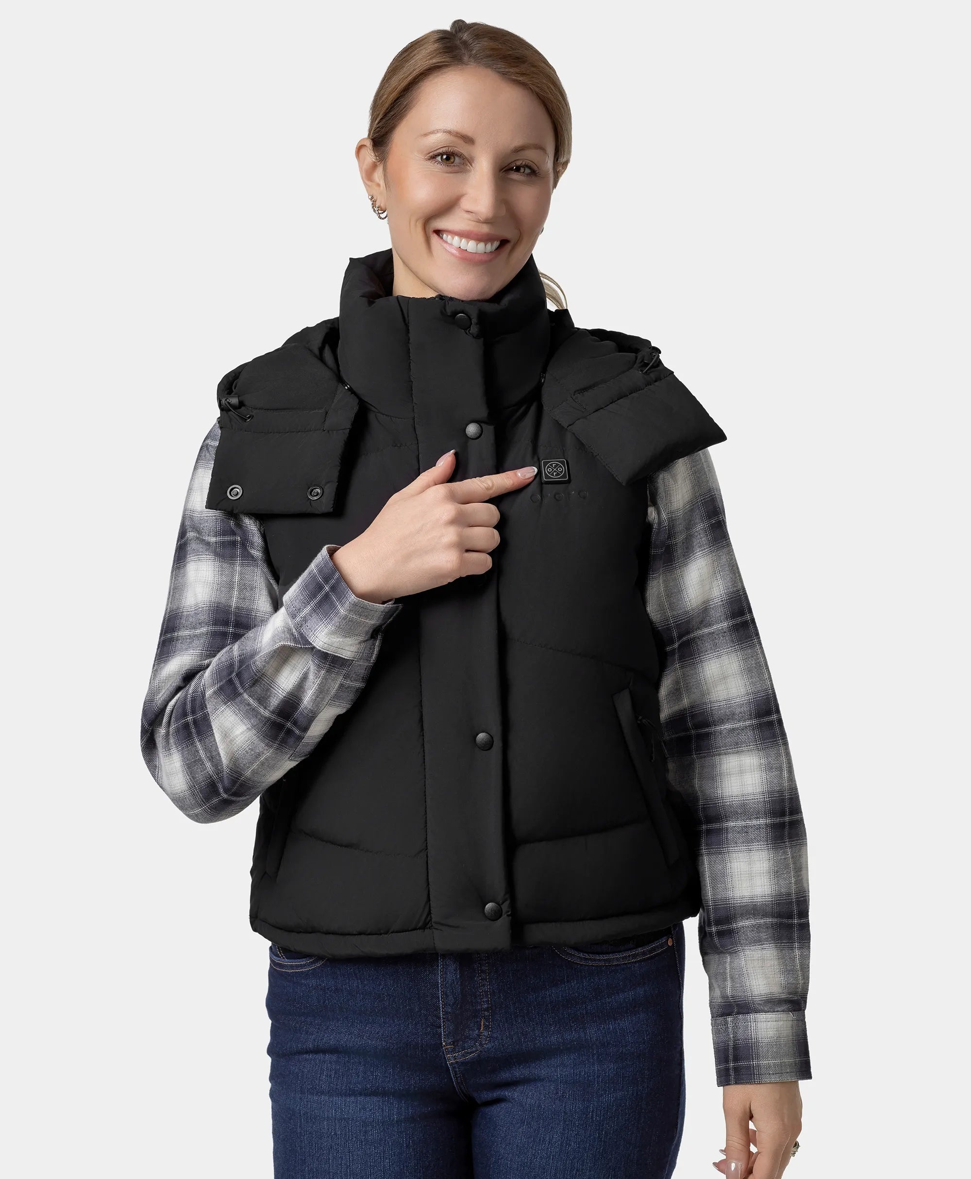 Women's Heated Cropped Puffer Down Vest - Black / Red, Thumbnail 5