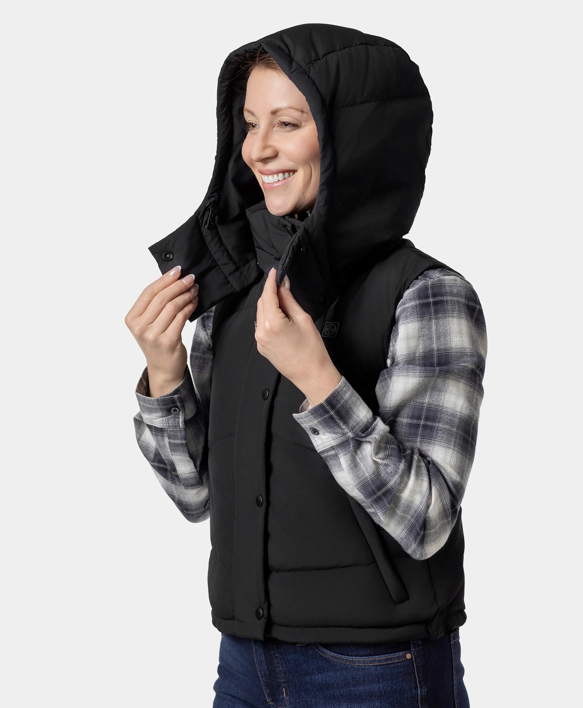 Women's Heated Cropped Puffer Down Vest - Black / Red, Thumbnail 6