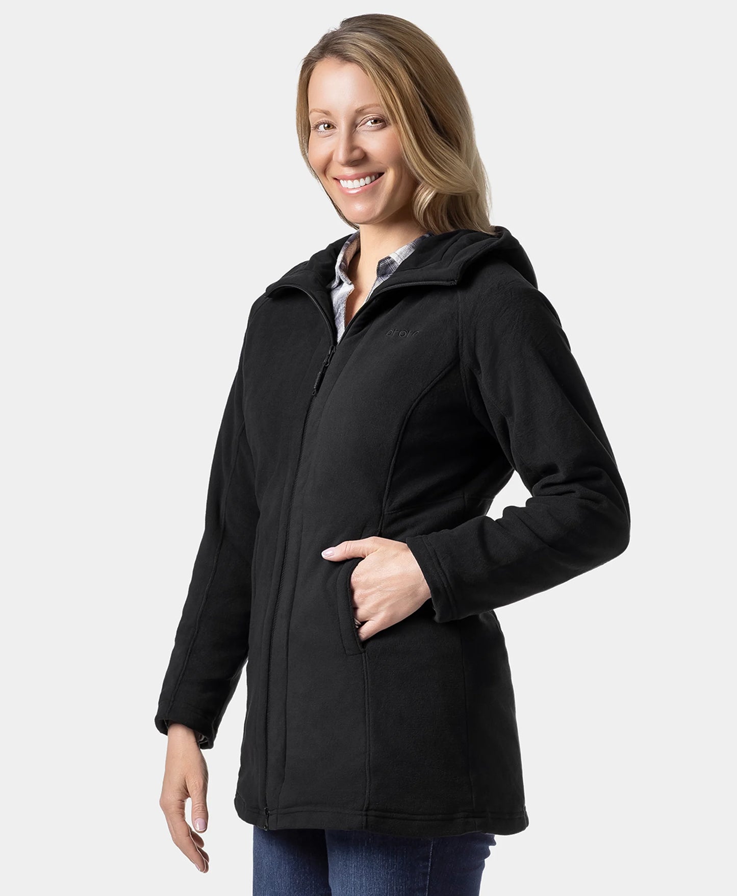 Felicity Women's Heated Long Hooded Fleece Jacket - Black