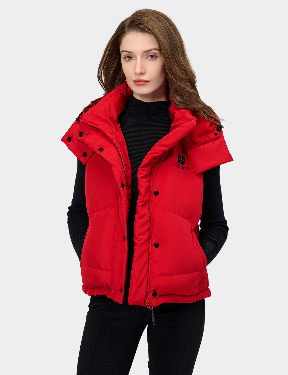 Women's Heated Cropped Puffer Down Vest - Black / Red, Thumbnail 23