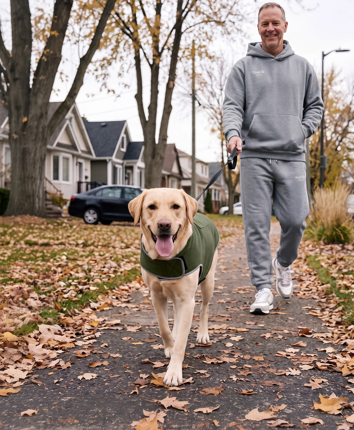 Man walking a dog wearing a ororo Fleecywoof 2-zone heated dog vest in fall