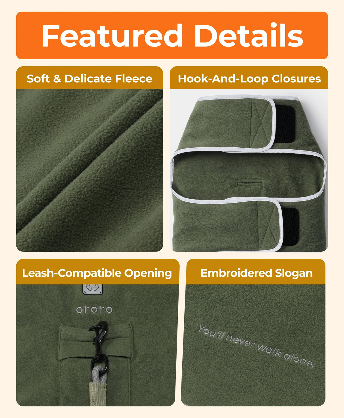 Soft Fleece, Hook-and loop Closures, Leash-compatible Opening, Embroidered Slogan