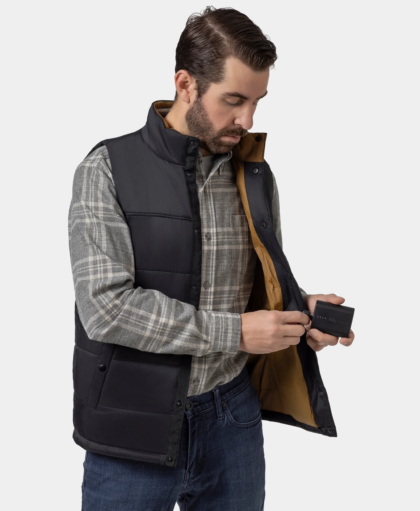 Final Sale - PuffLyte Men's 3-Zone Heated Lightweight Vest - Black / Khaki