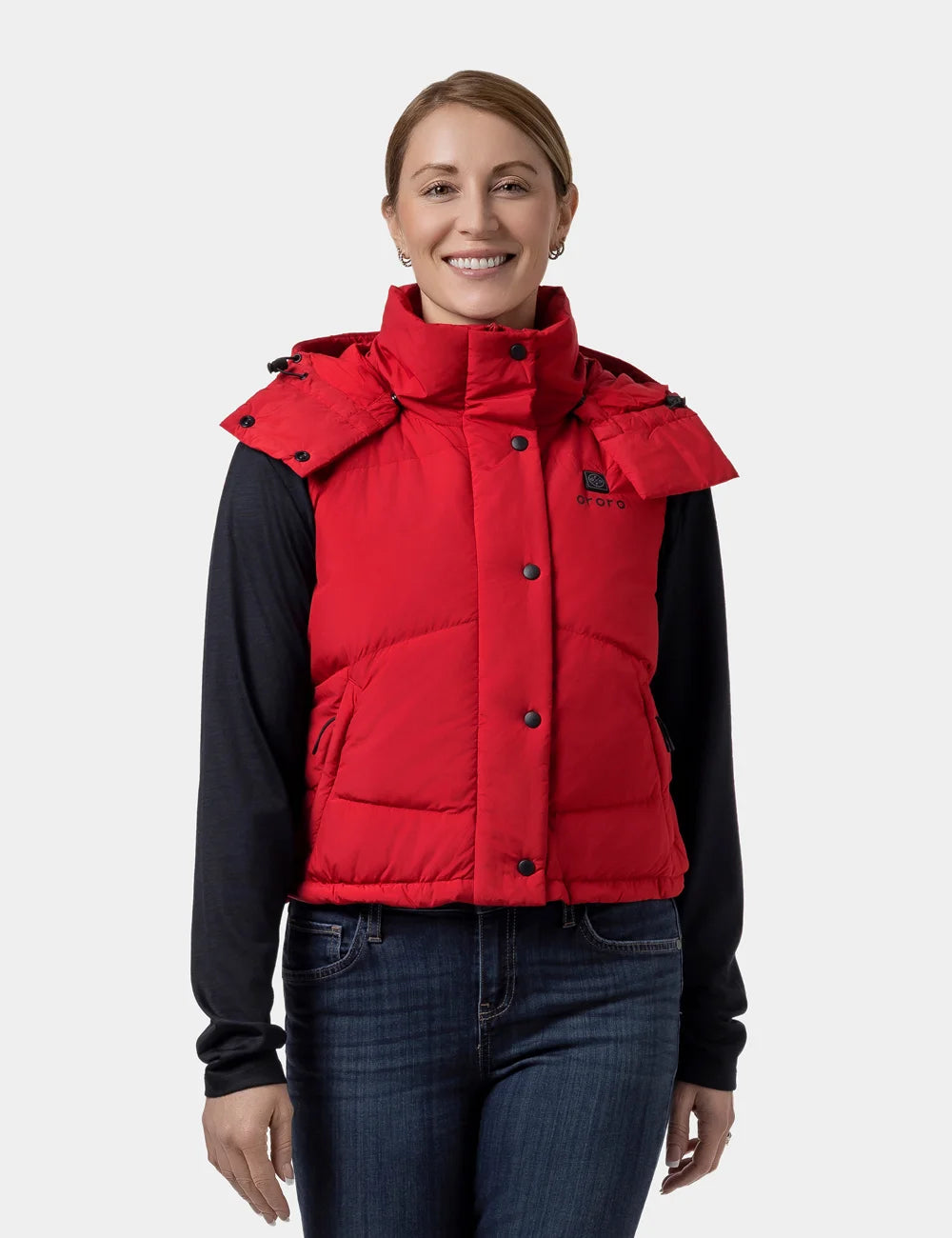 Women's Heated Cropped Puffer Down Vest - Black / Red, Thumbnail 17