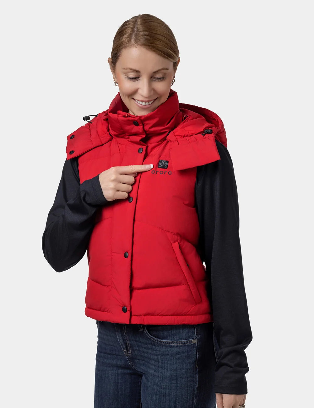 Women's Heated Cropped Puffer Down Vest - Black / Red, Thumbnail 18