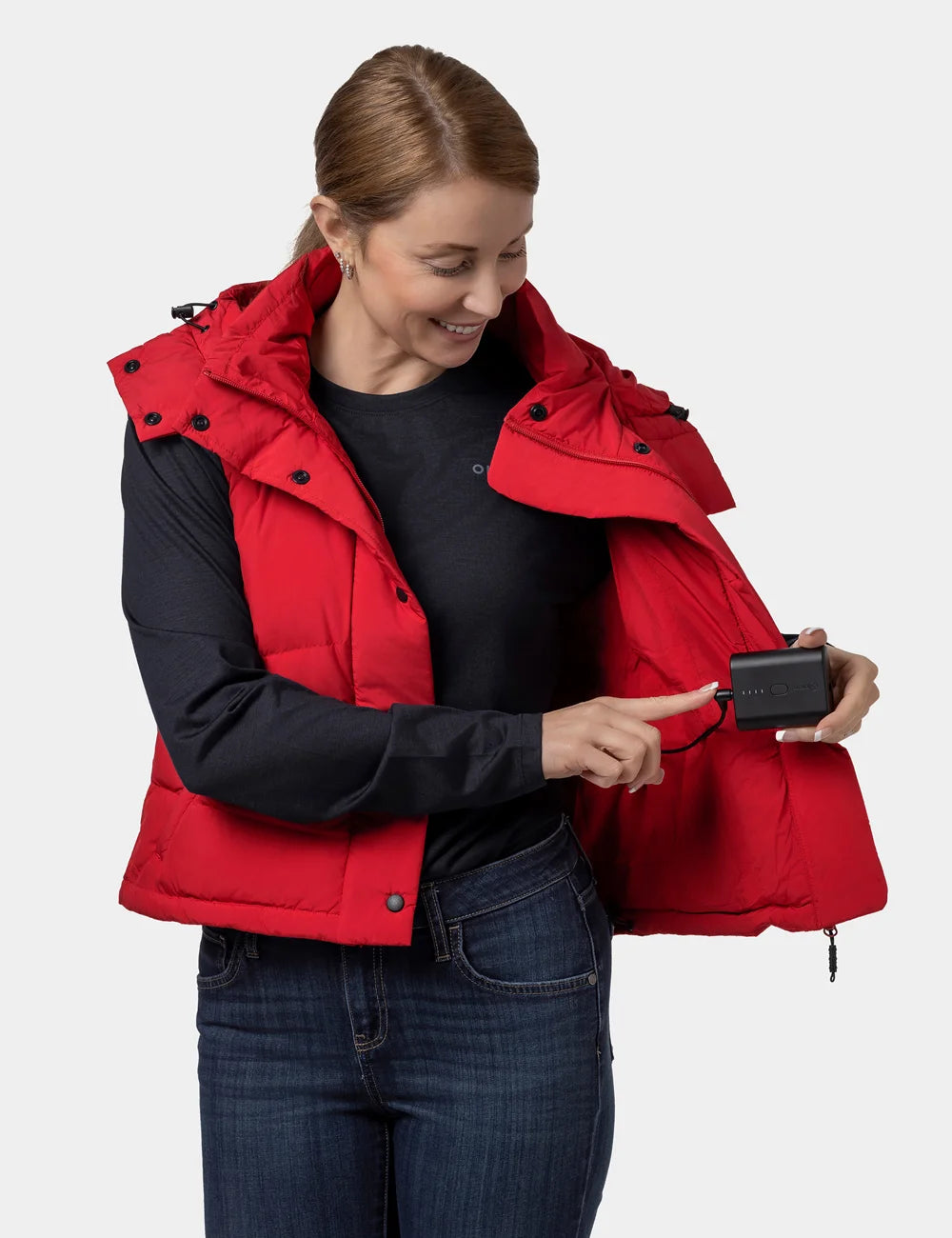 Women's Heated Cropped Puffer Down Vest - Black / Red, Thumbnail 20