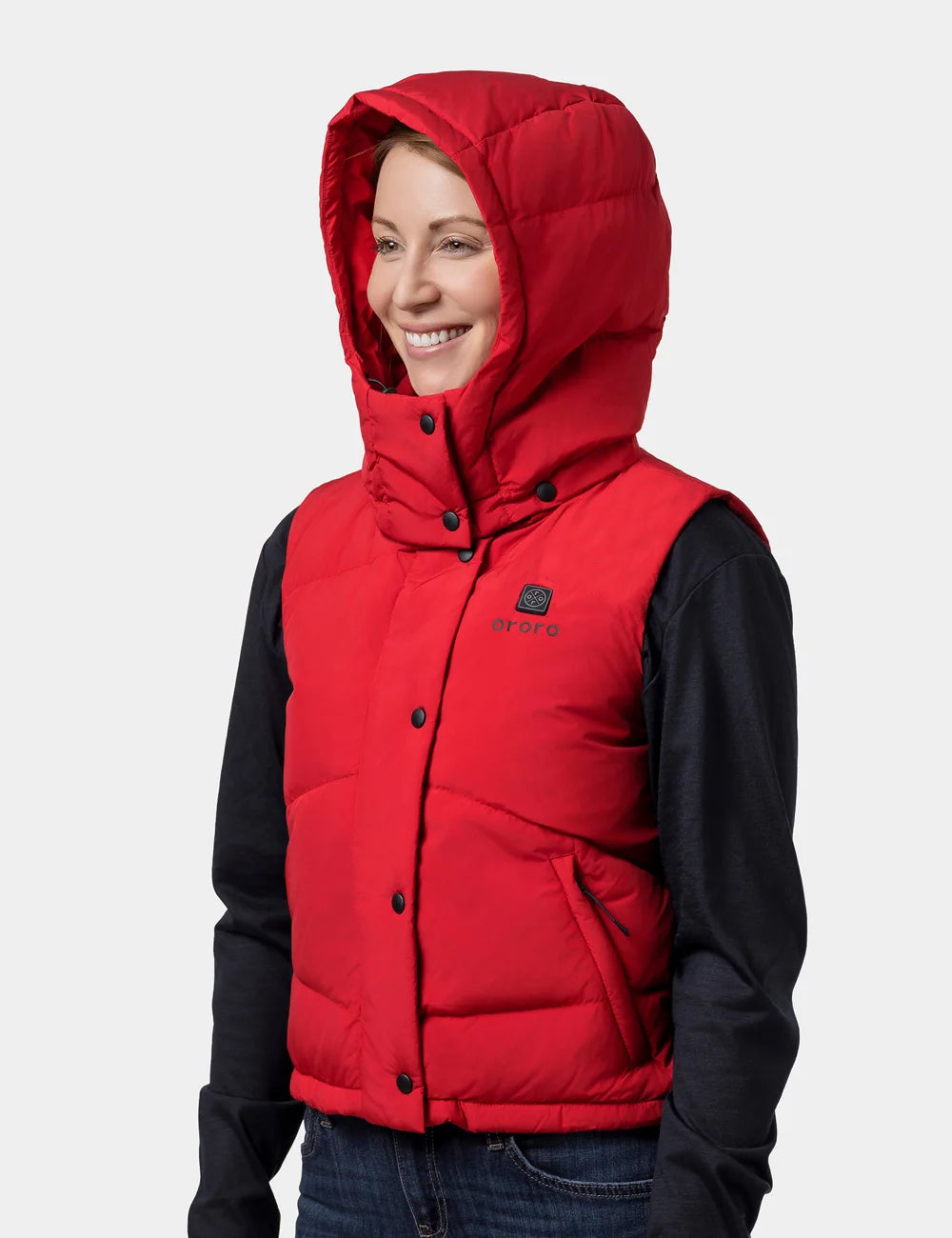 Women's Heated Cropped Puffer Down Vest - Black / Red, Thumbnail 19