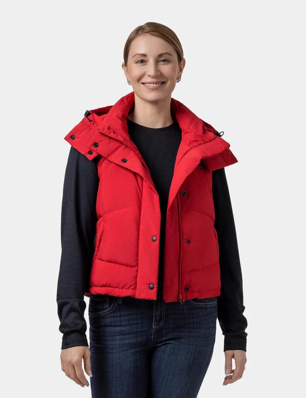 Women's Heated Cropped Puffer Down Vest - Black / Red, Thumbnail 15