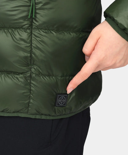 Discrete power button located near left hem