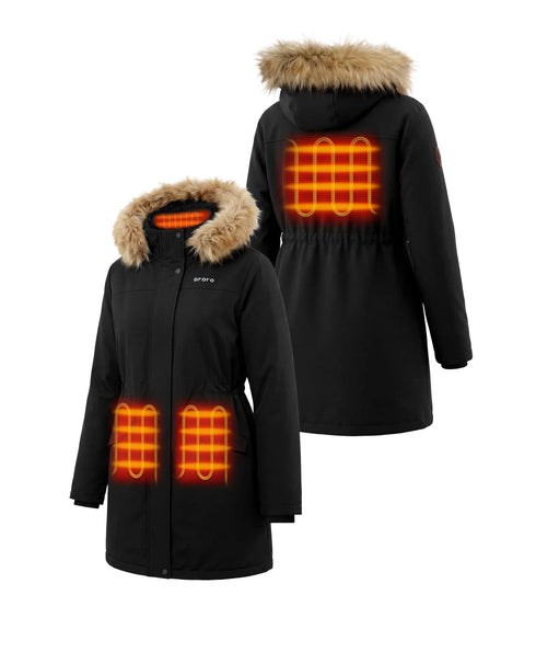 Front and back view of ororo Heated Parka showing 4 Heating Zones (Left & Right Hand Pockets, Mid-Back, and Collar) ,view 2