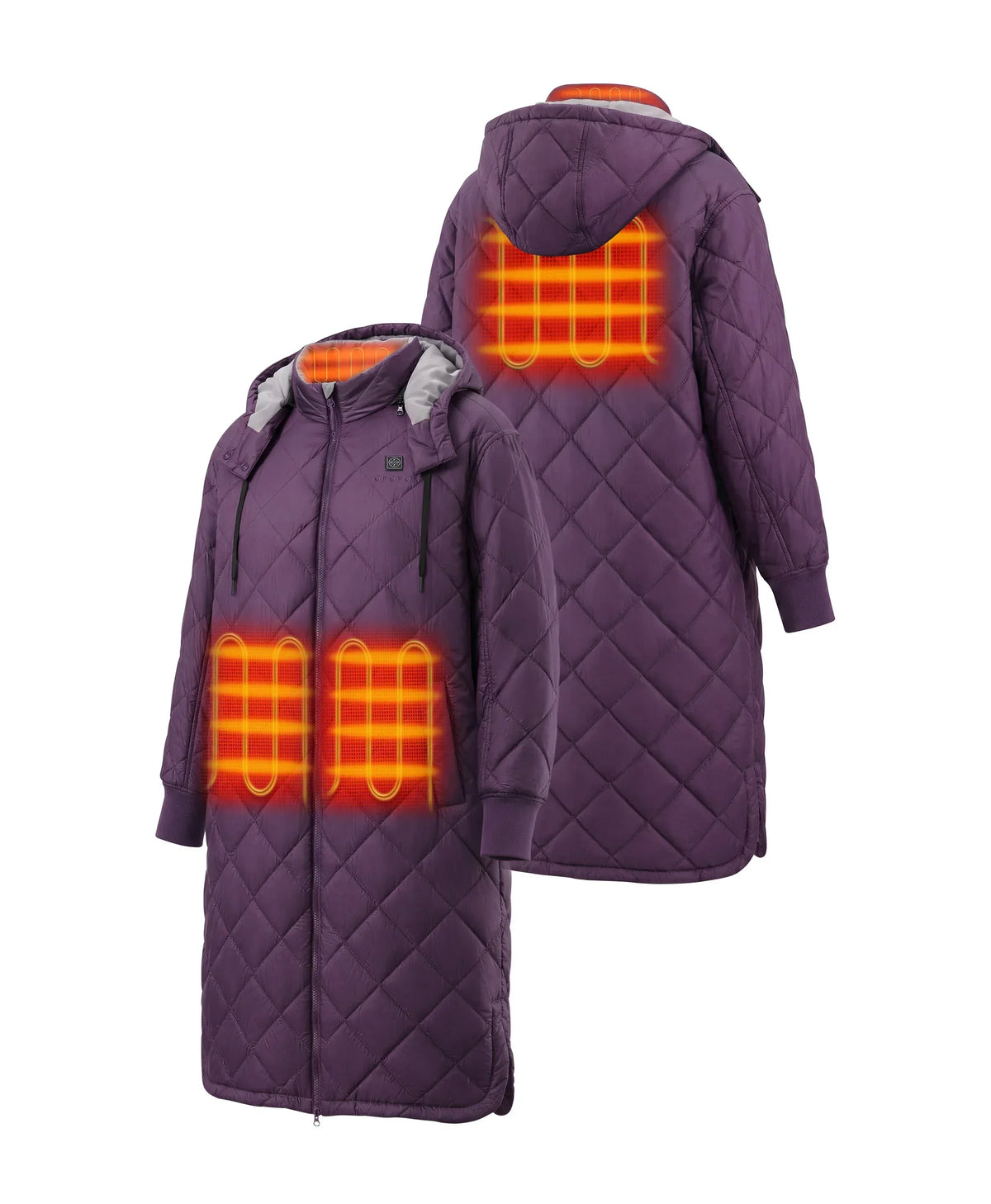 Front and back view of purple Uptown Women's 4-Zone Heated Parka w/ Removable Hood showing 4 heating zones