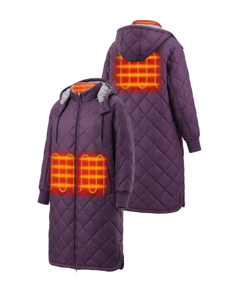 Front and back view of purple Uptown Women's 4-Zone Heated Parka w/ Removable Hood showing 4 heating zones ,view 2
