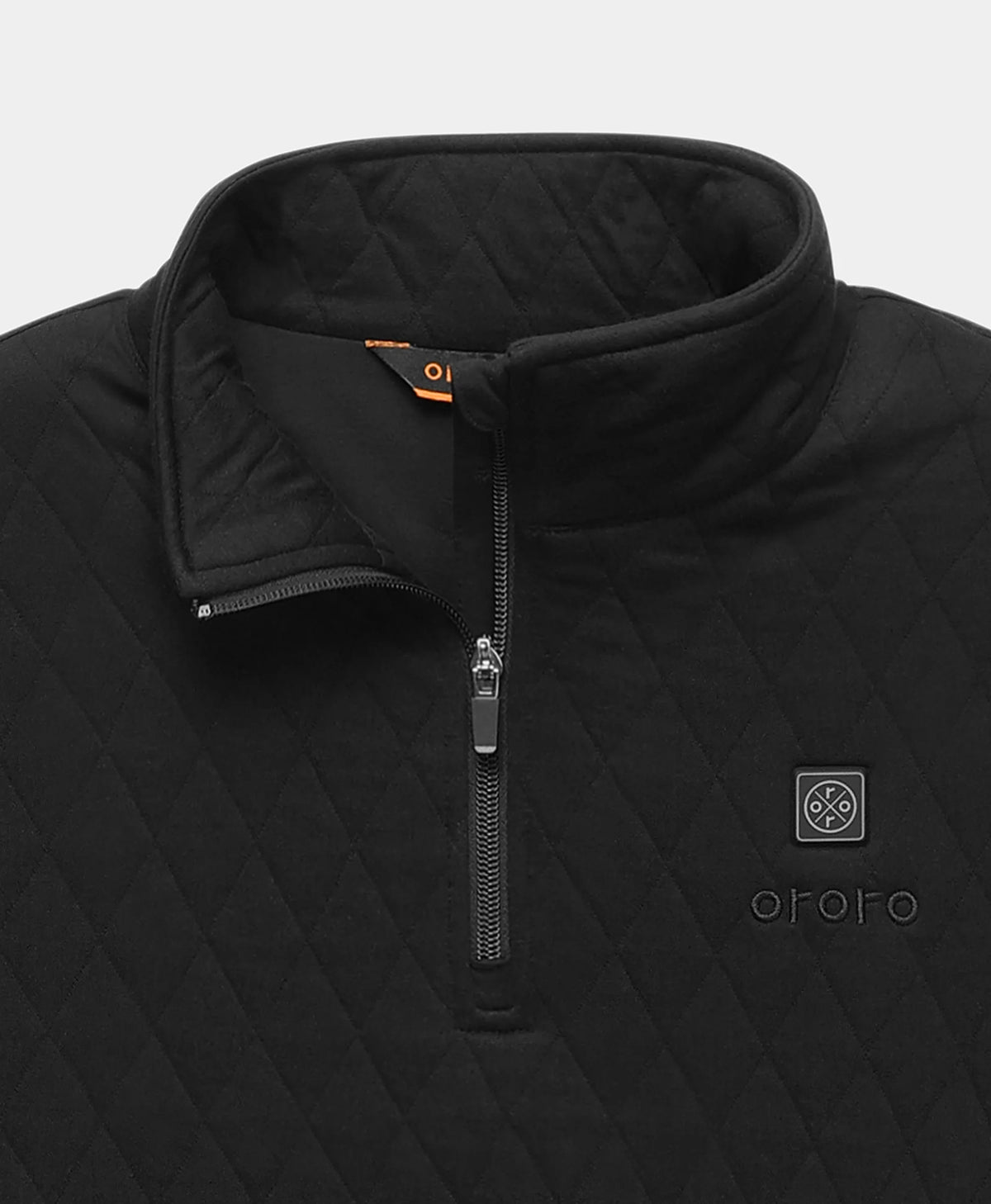 Close-up of the chest, collar, and zipper on an ororo black quilted heated jacket.