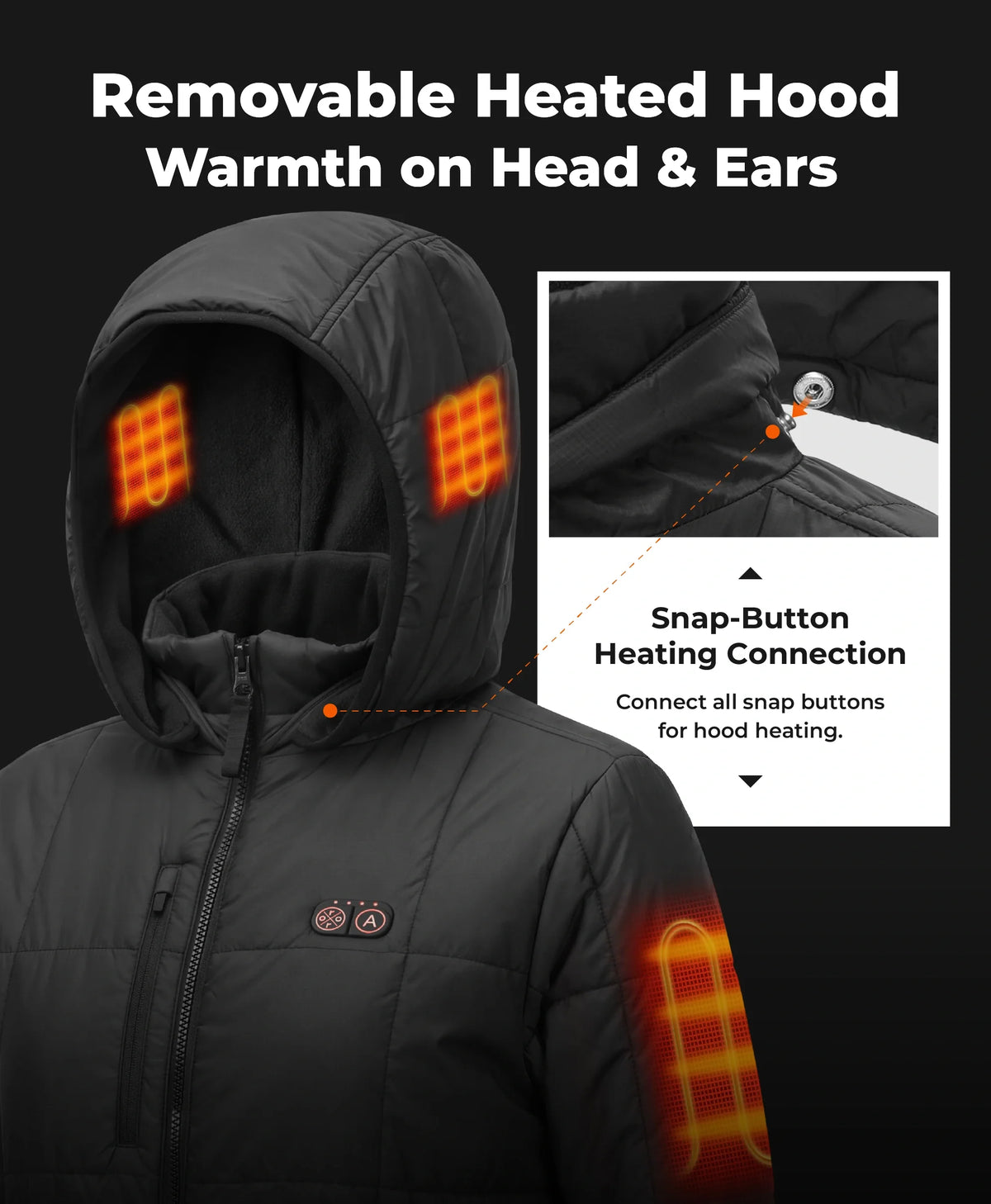 Black heated puffer jacket with a removable hood, shown with glowing orange heat indicators on the hood and sleeve. White text and inset callout explain heated hood and snap-button heating connection.