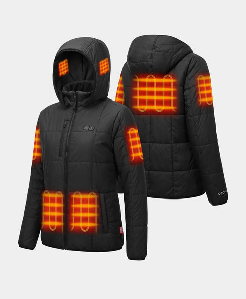 Front and back view of Overland Women's 7-Zone Heated Jacket showing orange heating zones on hood, back, arms, and front pockets ,view 1