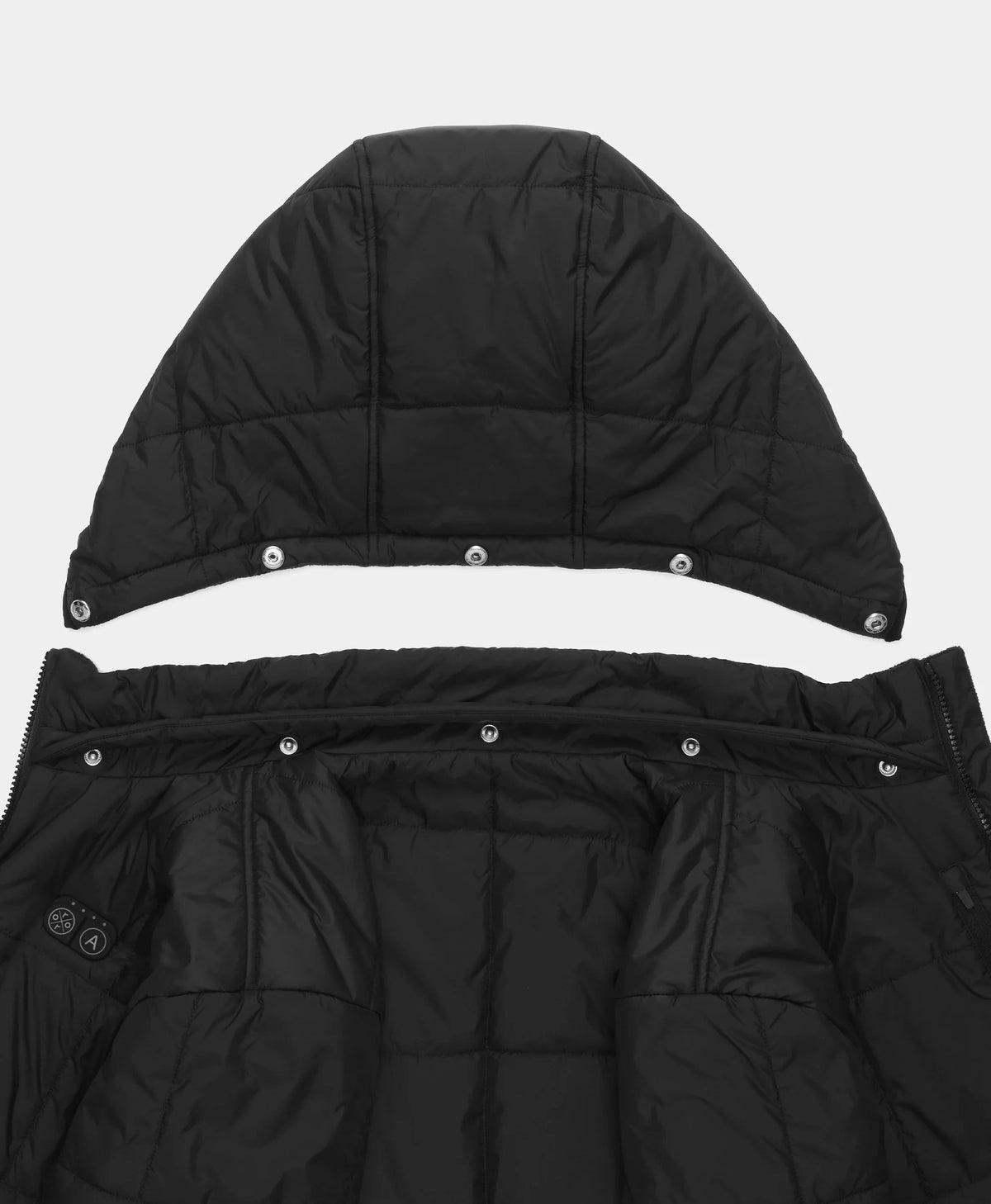 Detachable heated hood and collar with snap buttons on the Overland Women's 7-Zone Heated Jacket