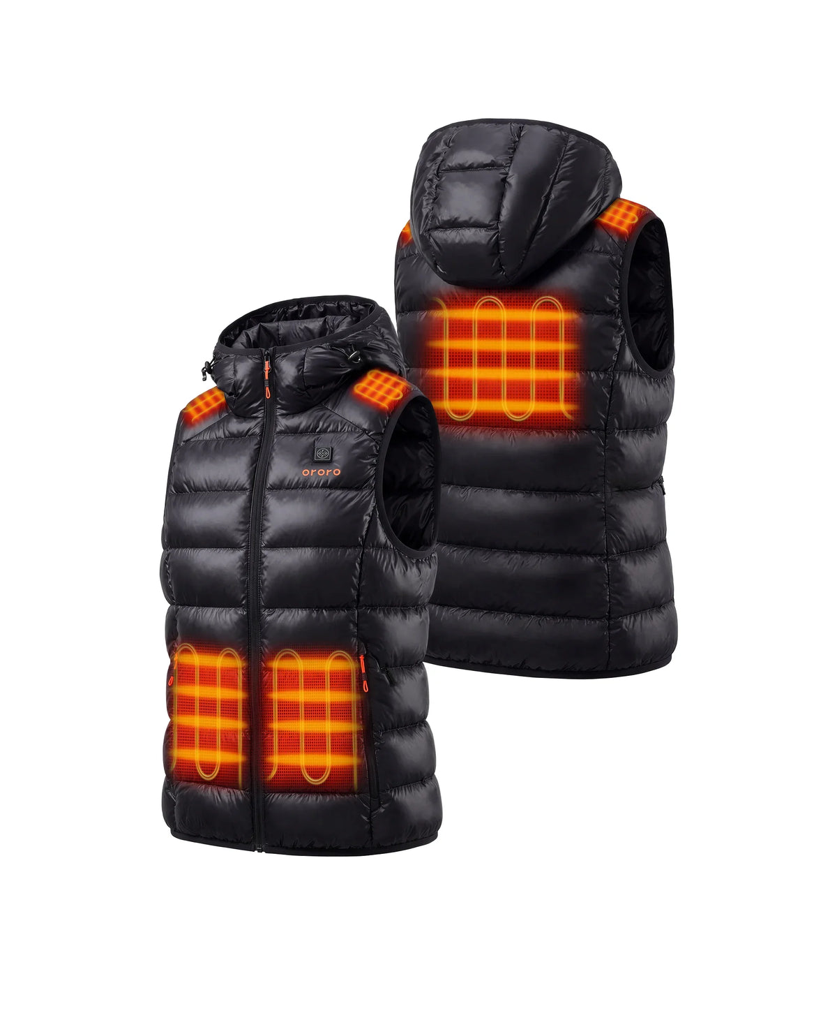 Front and back view of a black hooded down vest showing illuminated heating zones