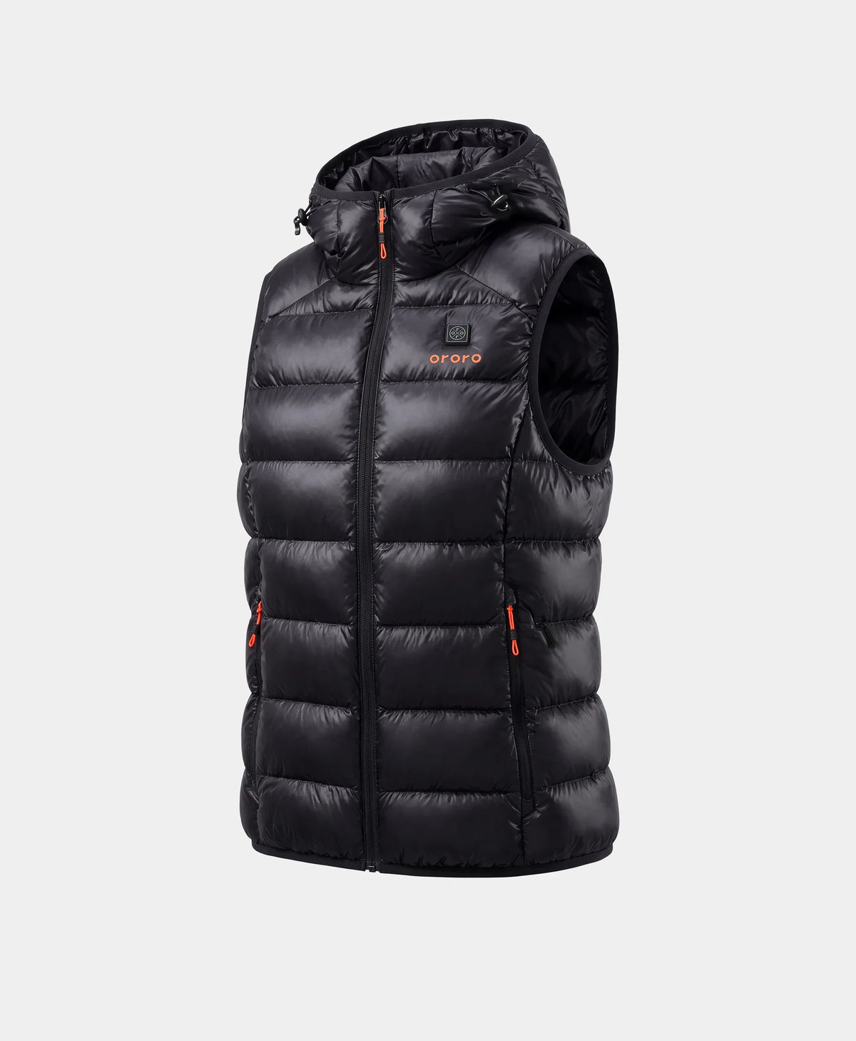 Front view of a black hooded down vest against a light gray background