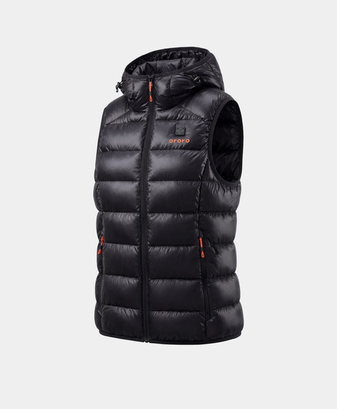 Front view of a black hooded down vest against a light gray background ,view 1