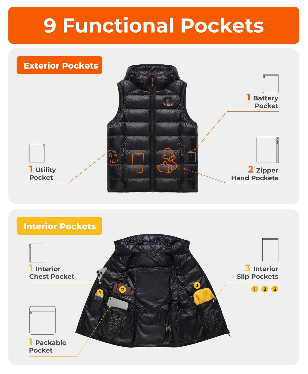 ororo heated down vest with nine functional pockets, including exterior and interior storage