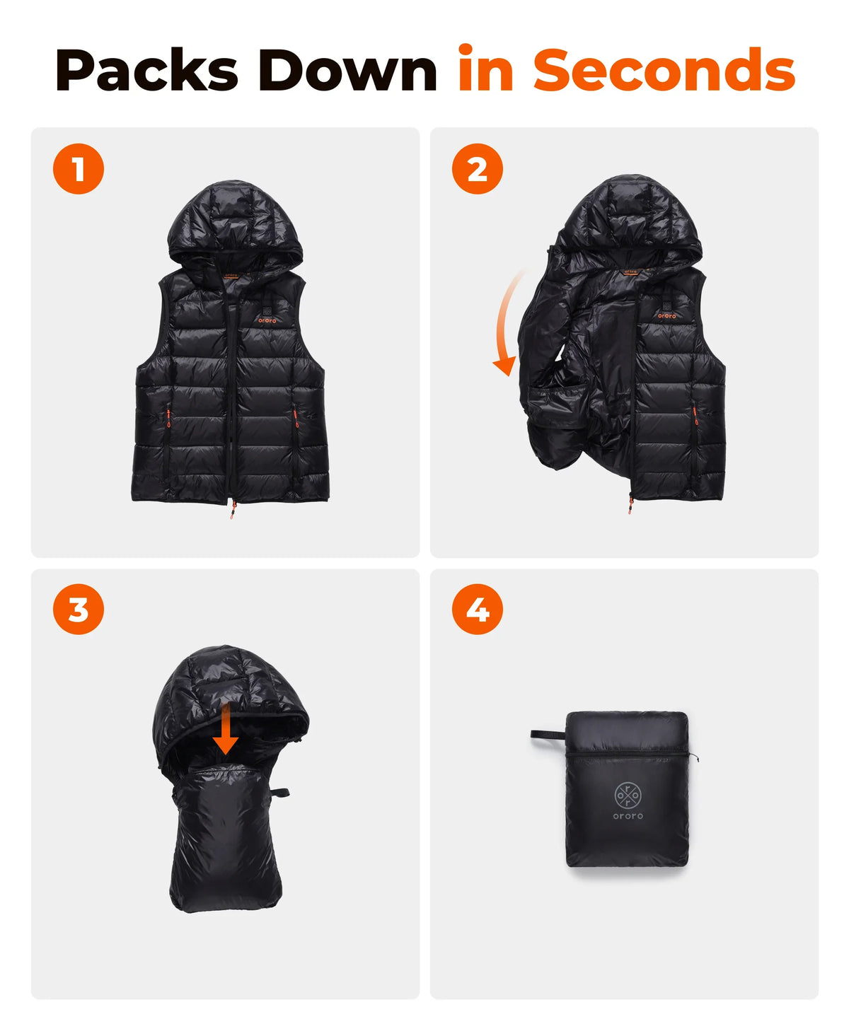 ororo heated down vest packs into its built-in pocket in four illustrated steps for compact storage