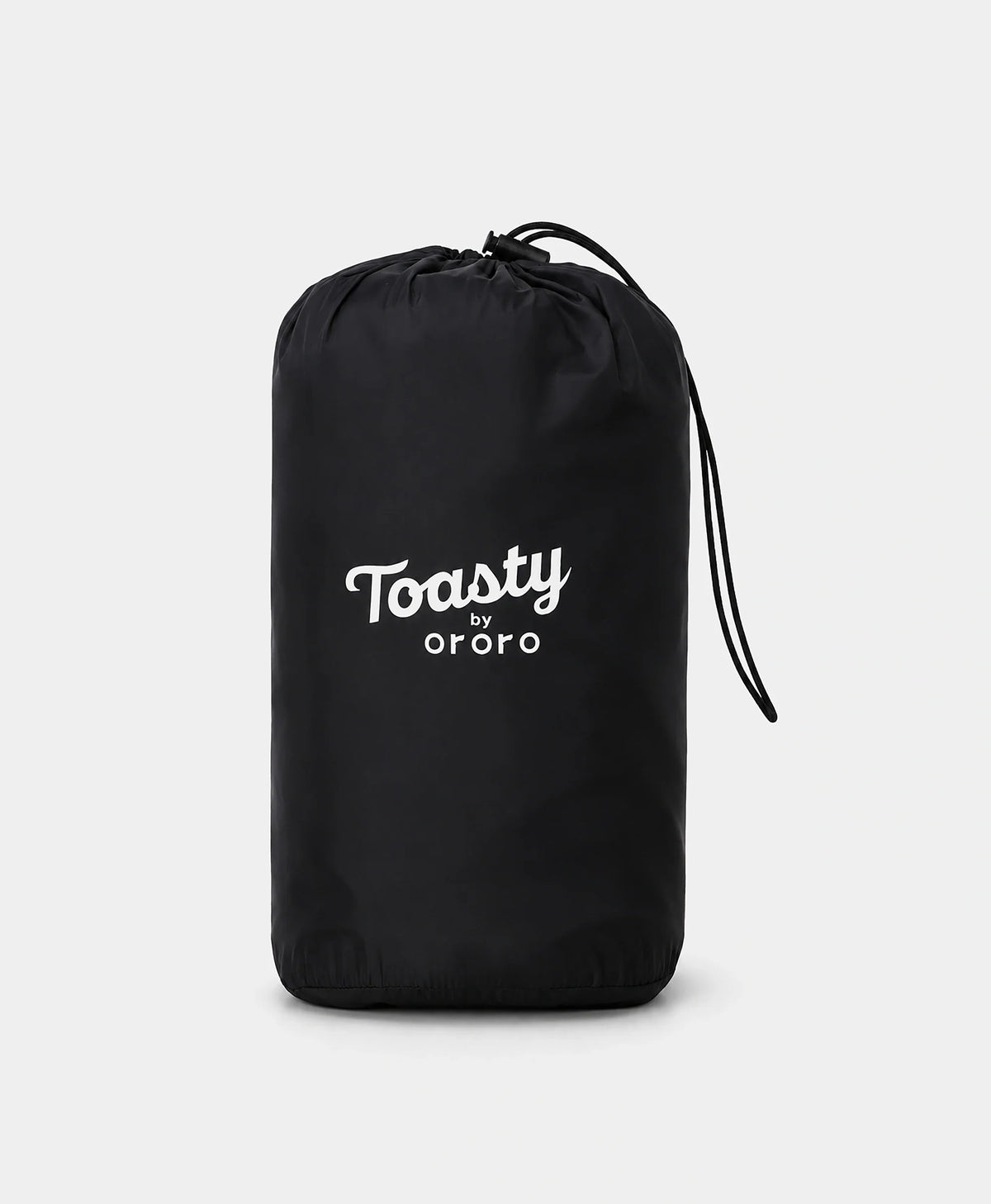 Black drawstring  sack with the white "Toasty by ororo" logo printed on the front