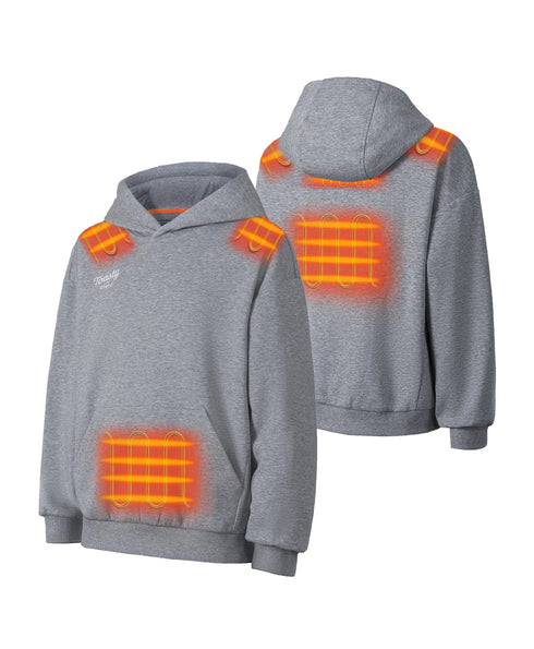 5 targeted carbon-fiber heating zones of Toasty Kids' 5-Zone Heated Pullover Hoodie: shoulders, upper back, middle back, and pocket area ,view 2
