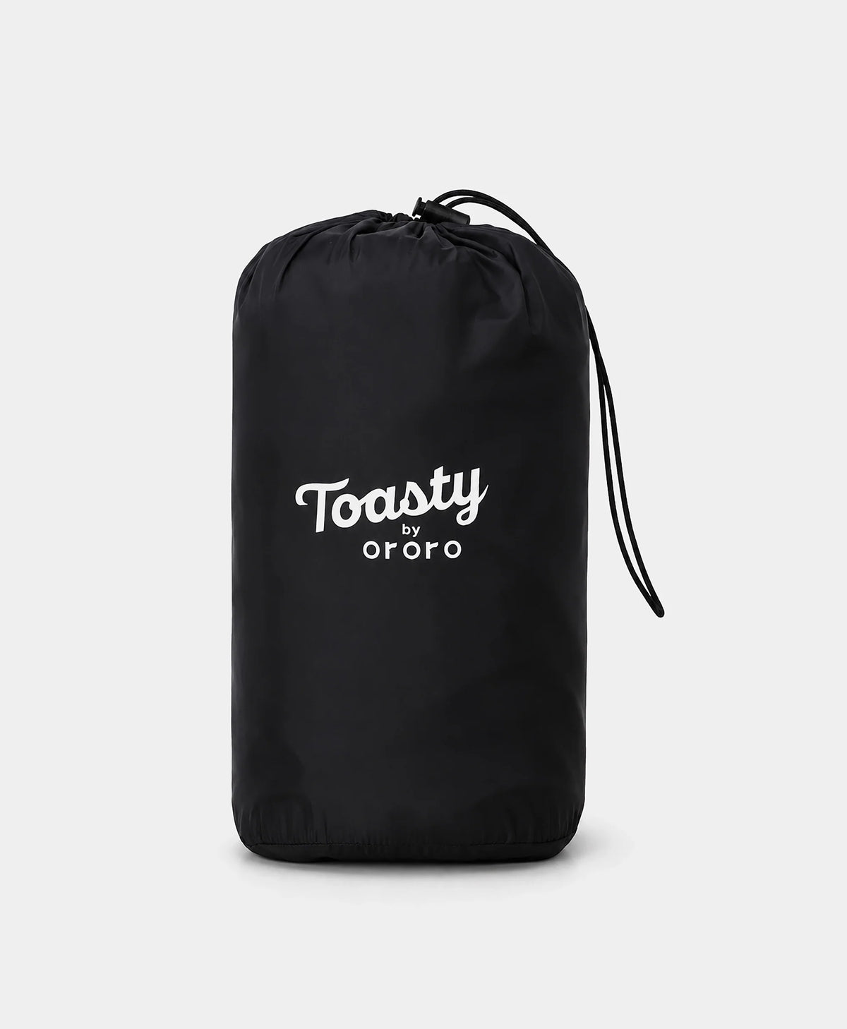 Black drawstring  sack with the white "Toasty by ororo" logo printed on the front