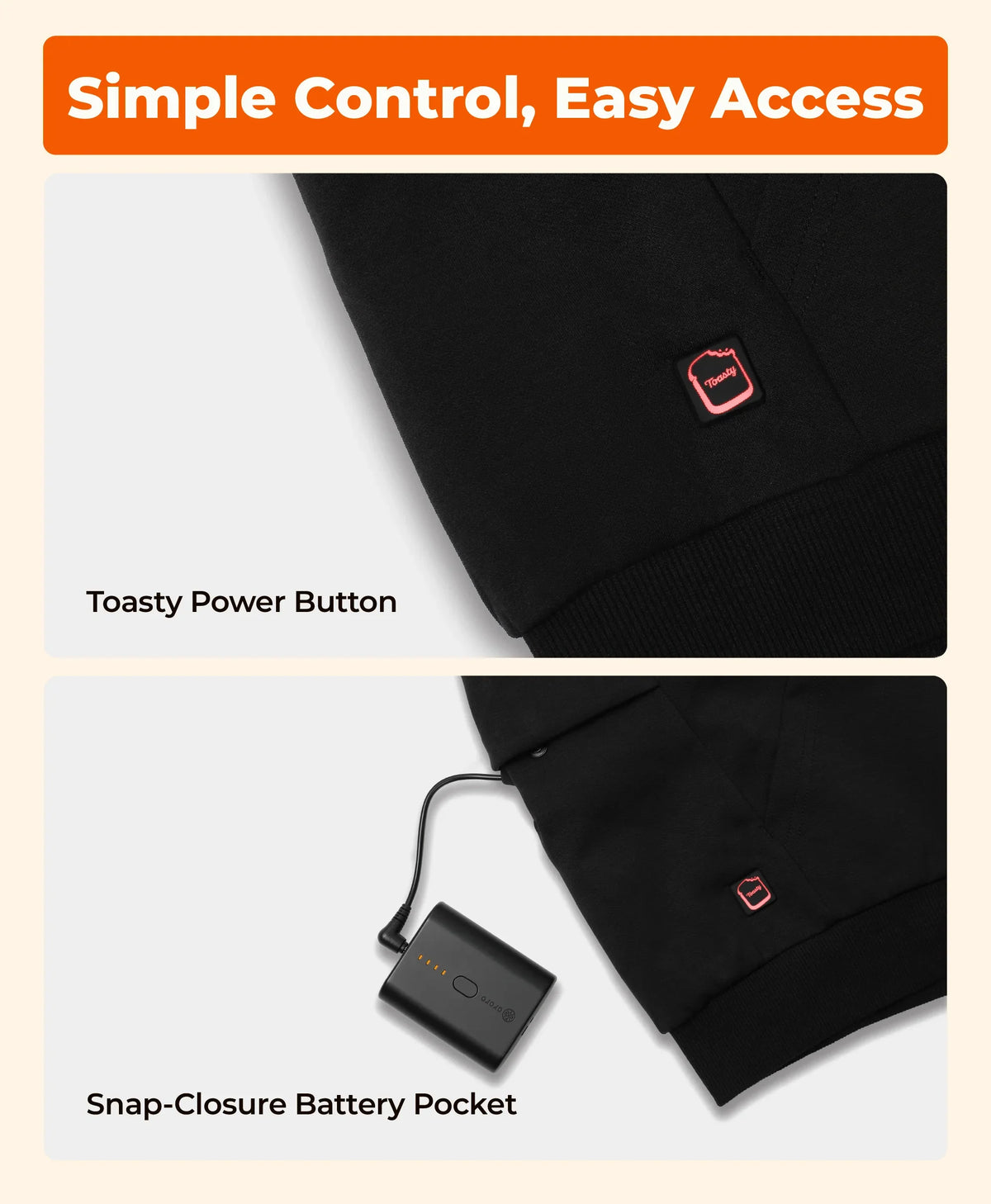 Toasty Power Button, Snap-Closure Battery Pocket