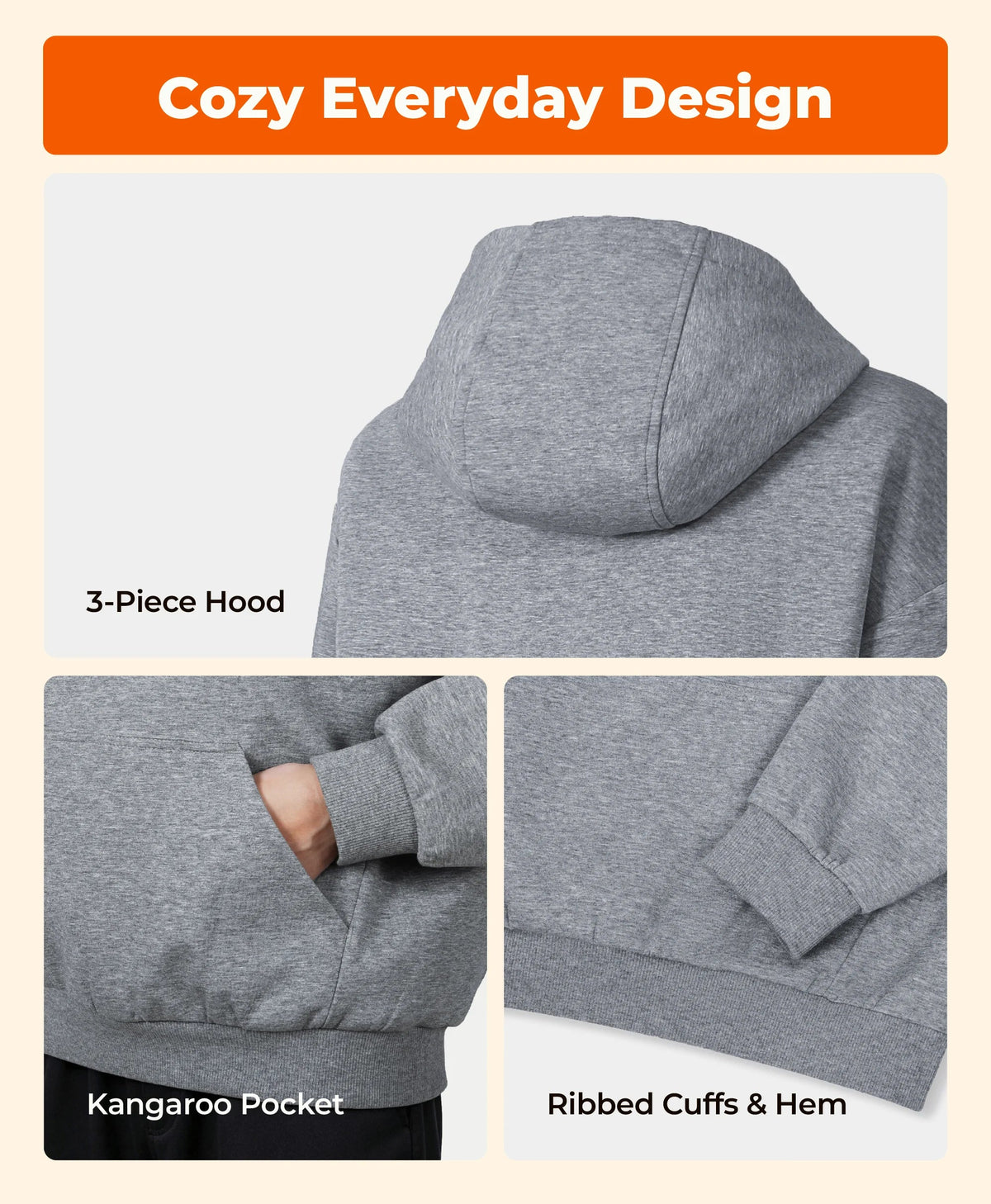 3 piece Hood, Kangaroo Pocket, Ribbed Cuffs & Hem