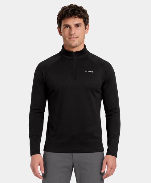 Man wearing ororo men's black qtr-zip long-sleeve heated thermal base layer top against a light gray background ,view 1