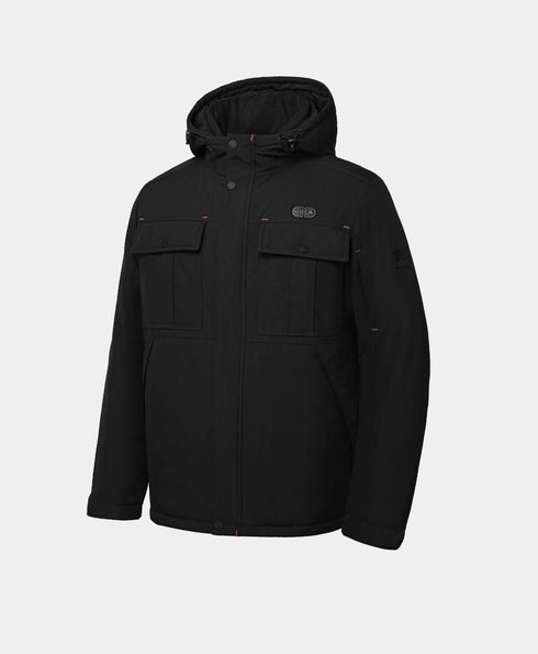 Black men's heated jacket with hood and durable utility design ,view 1