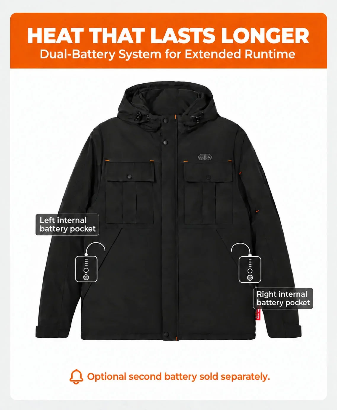 Black hooded jacket with dual internal battery pockets