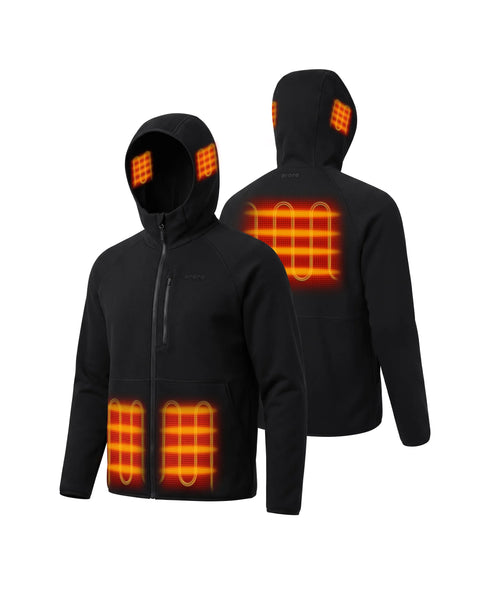 Front and back view of the Men's 5-Zone Heated Tech Fleece Jacket in black with hoods up, displaying glowing red heating elements across the front pockets, upper back, and hood. ,view 2