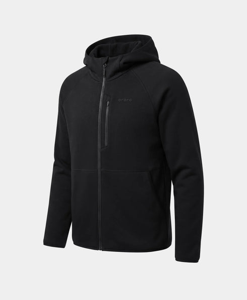 Front view of the Men's 5-Zone Heated Tech Fleece Jacket in black on a gray background. ,view 1