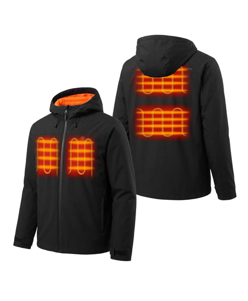 Front and back view of ororo Heartland Men's 5-Zone Heated Insulated Hoodie showing 5 heating zones ,view 2