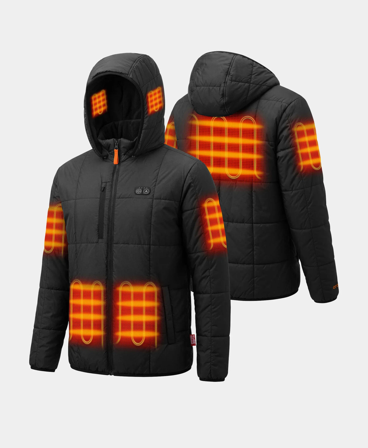 ororo surewarm black heated puffer jacket, shown the heating zone on chest, hood, sleeves, and back.