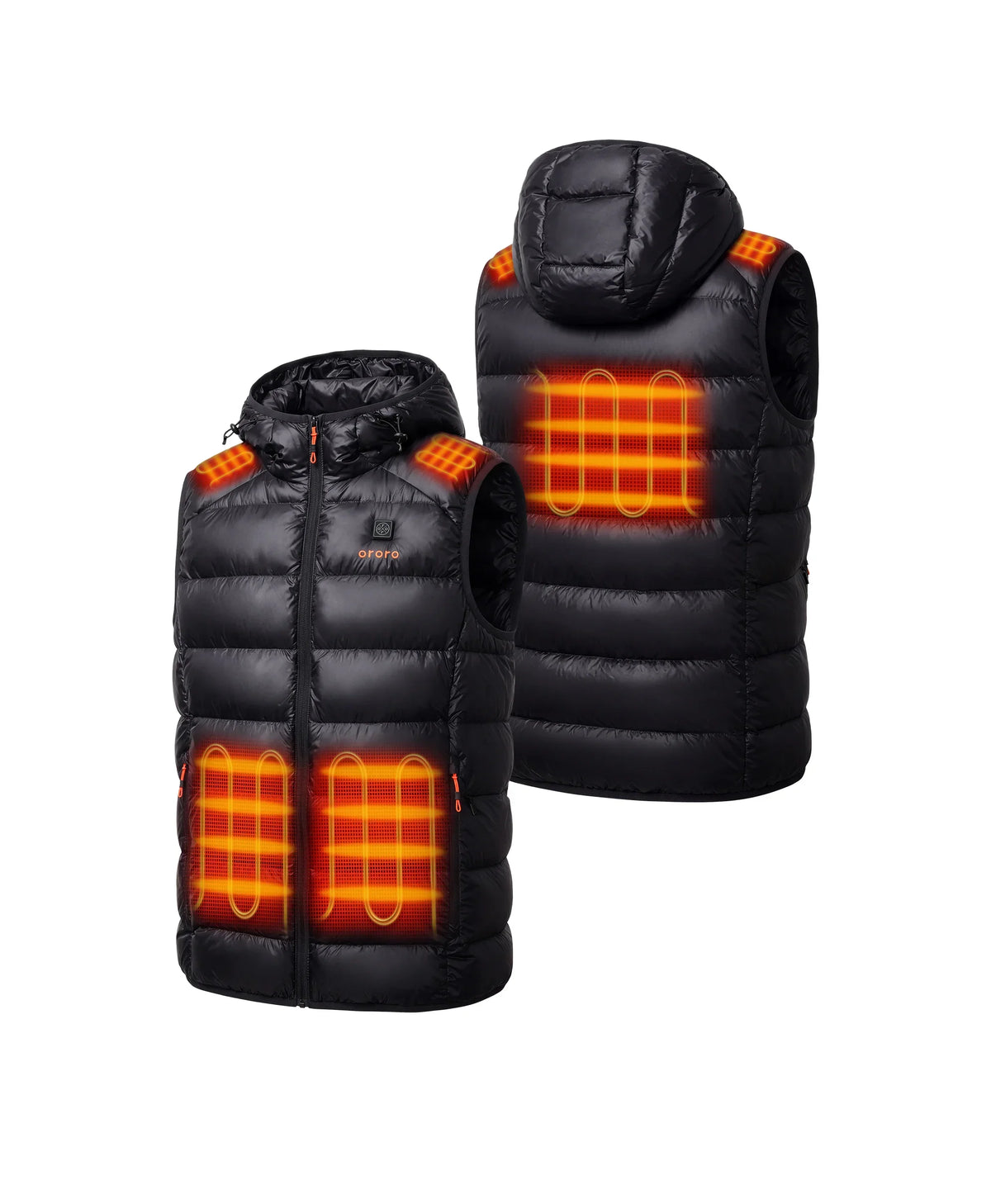 Front and back view of a black hooded heated vest showing illuminated heating zones