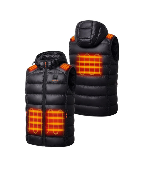 Front and back view of a black hooded heated vest showing illuminated heating zones ,view 2