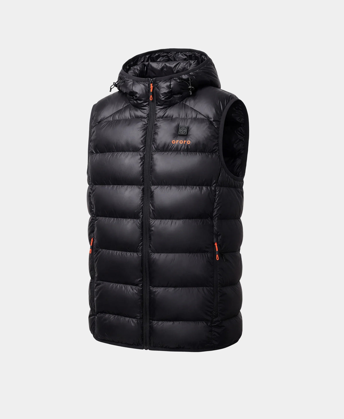 Front view of a black hooded down vest against a light gray background