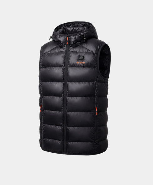 Front view of a black hooded down vest against a light gray background ,view 1