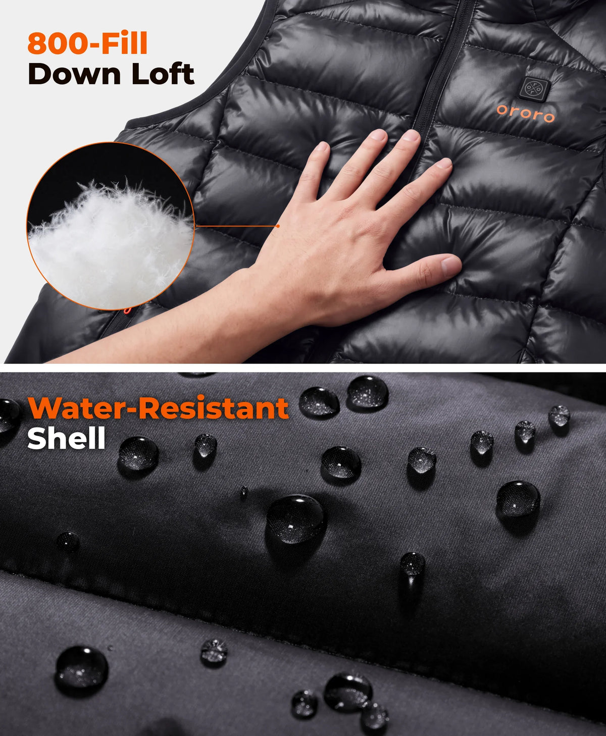 ororo heated down vest featuring 800-fill down loft and a water-resistant shell with water droplets