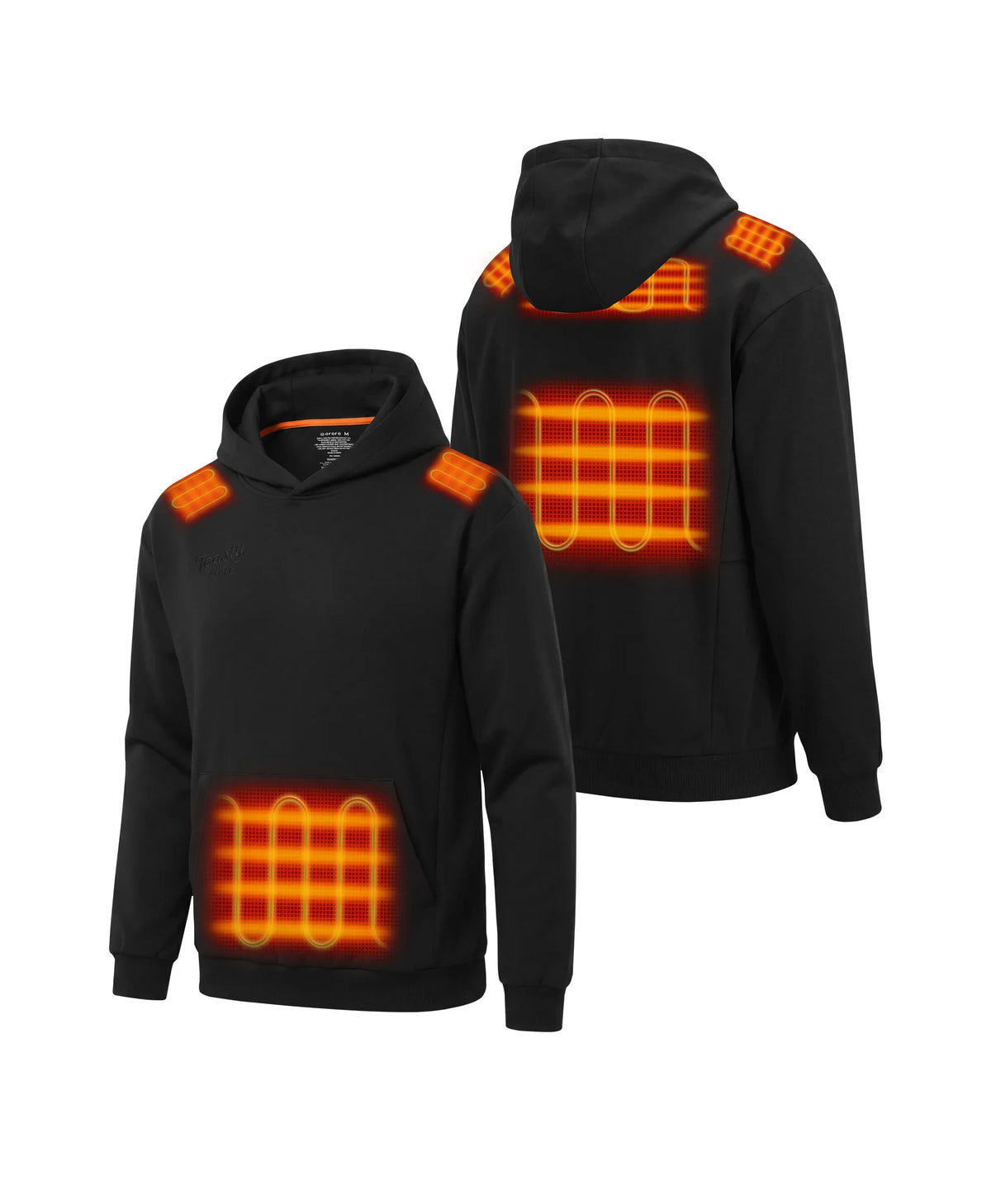 A black Toasty Unisex 5-Zone Heated Pullover Hoodie, displayed from the front and back to highlight large orange heating elements across the front abdomen kangaroo pocket, left and right shoulders, and broad upper and lower back sections.